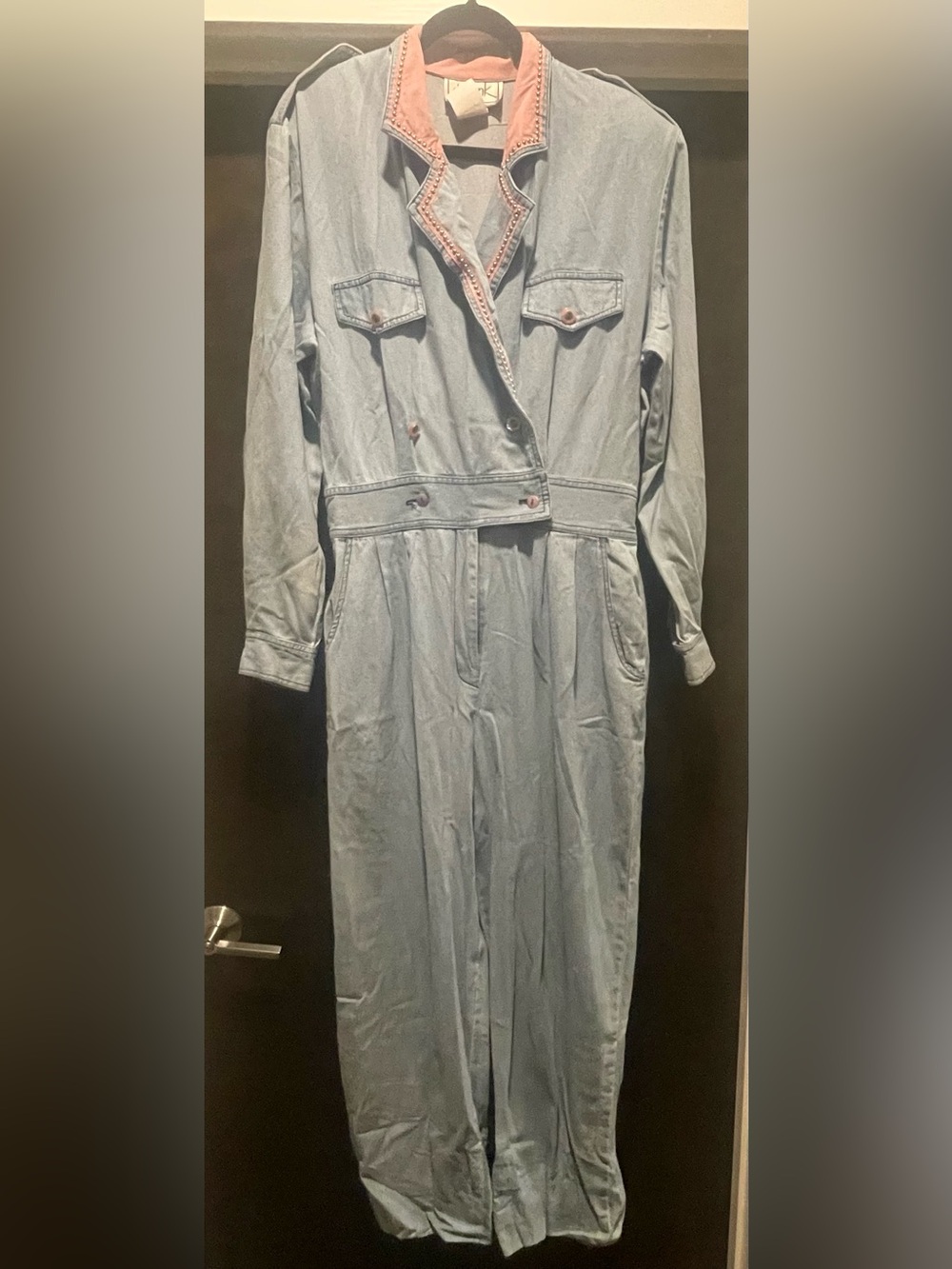 d. Frank Vintage 80s Light Blue Cotton Denim Jumpsuit with Shoulder Pads